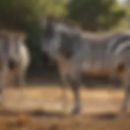 A group of zebras grazing peacefully in their natural habitat, showcasing their distinctive stripes.