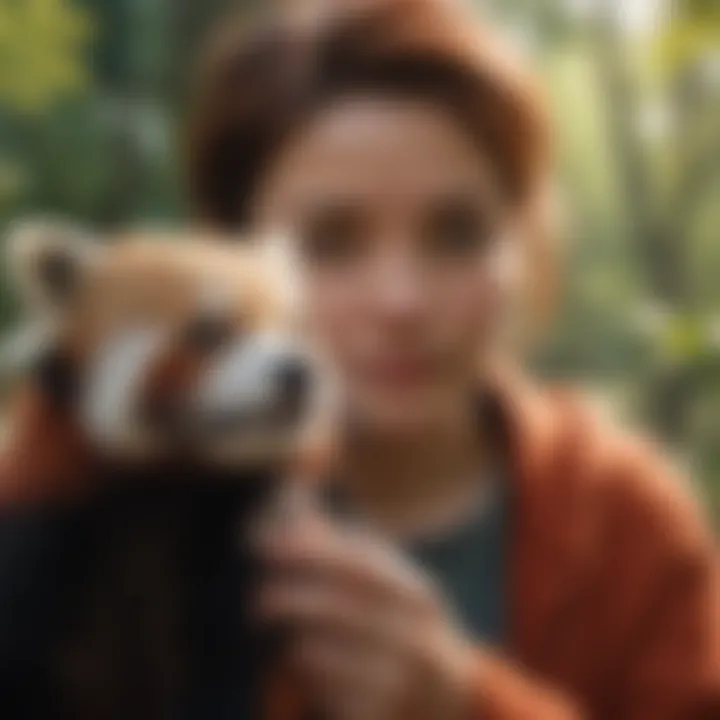 A young enthusiast gazing at a red panda in a sanctuary, embodying the spirit of wildlife conservation.
