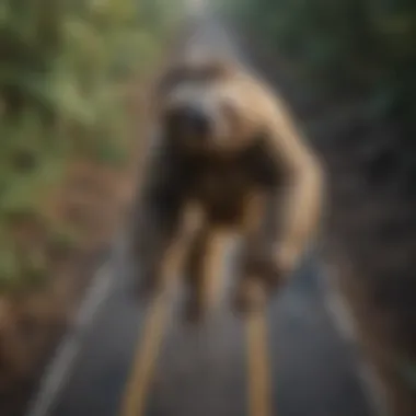 Aerial view of sloth crossing a road amidst deforestation, highlighting habitat destruction