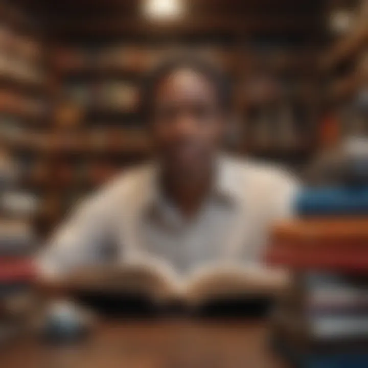Artistic depiction of an influential African American poet surrounded by books