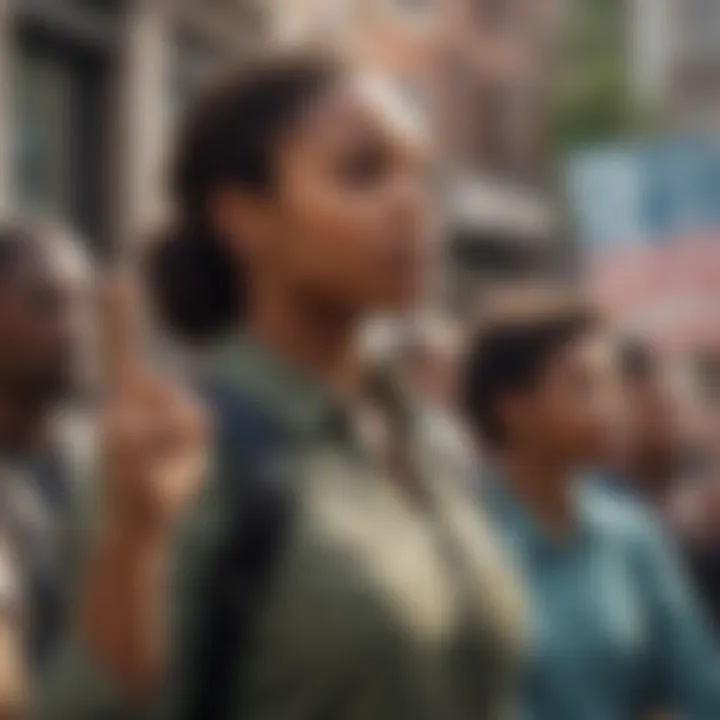 African American woman standing proudly with a raised fist in front of a protest