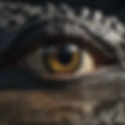 A close-up of an alligator's eye reflecting the surrounding environment.