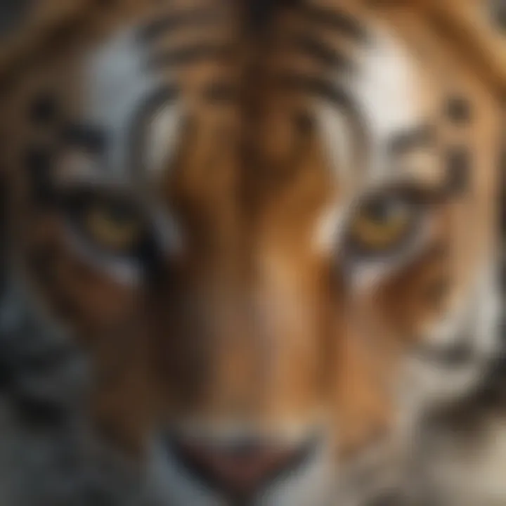 Close-up of a tiger's striking eyes and fur patterns