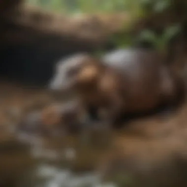 Illustration of a platypus with its young in a burrow, emphasizing reproductive behavior.