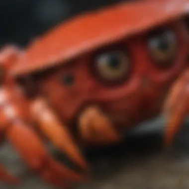 Unique Features of the Red Crab Close-up of a red crab's eyes and claws highlighting its unique features.