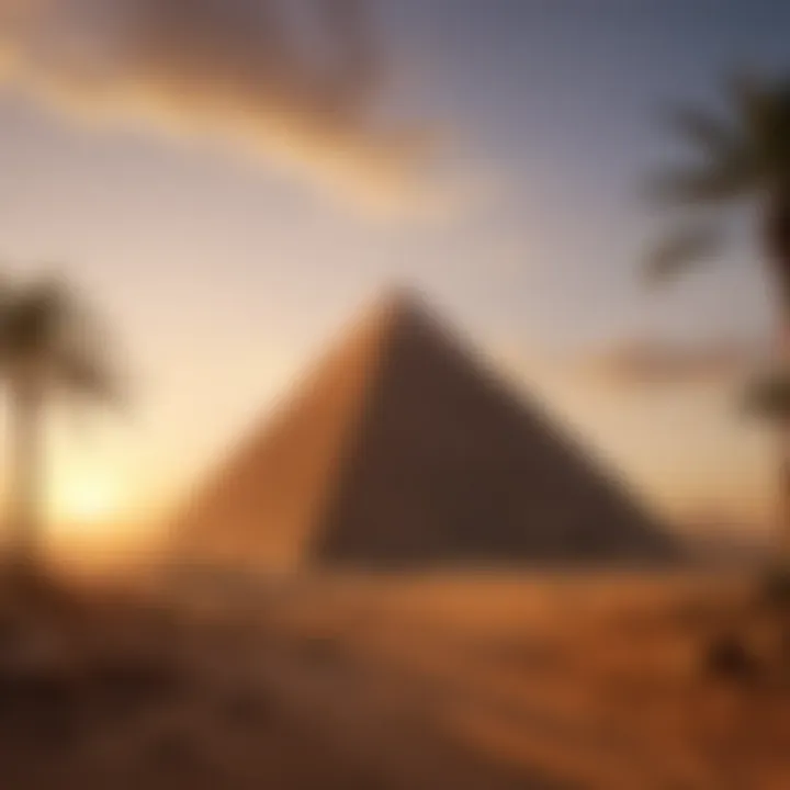 A detailed illustration of the Great Pyramid of Giza against a vibrant sunset, emphasizing its architectural marvel.