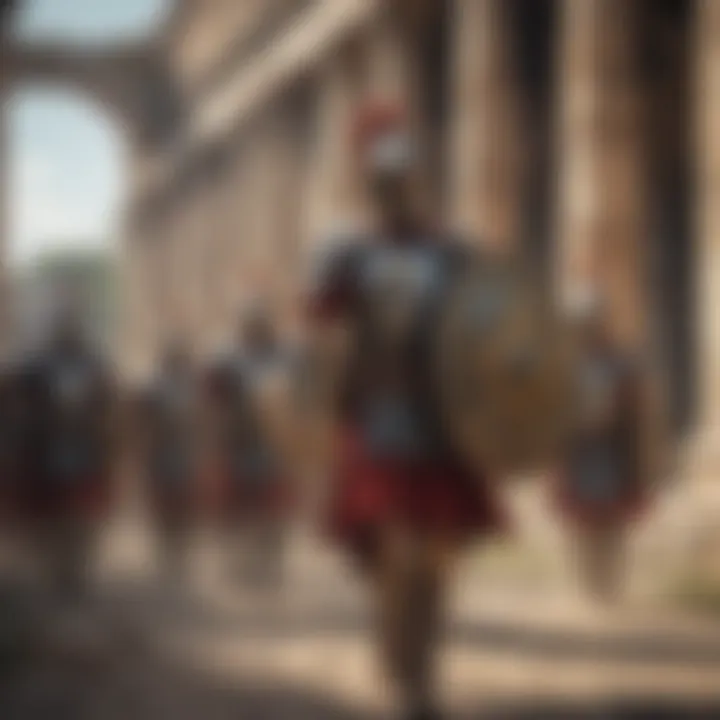 Imposing Roman Legion marching through ancient ruins