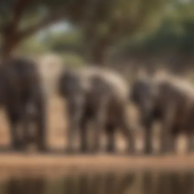 Elephant herd wandering near a waterhole