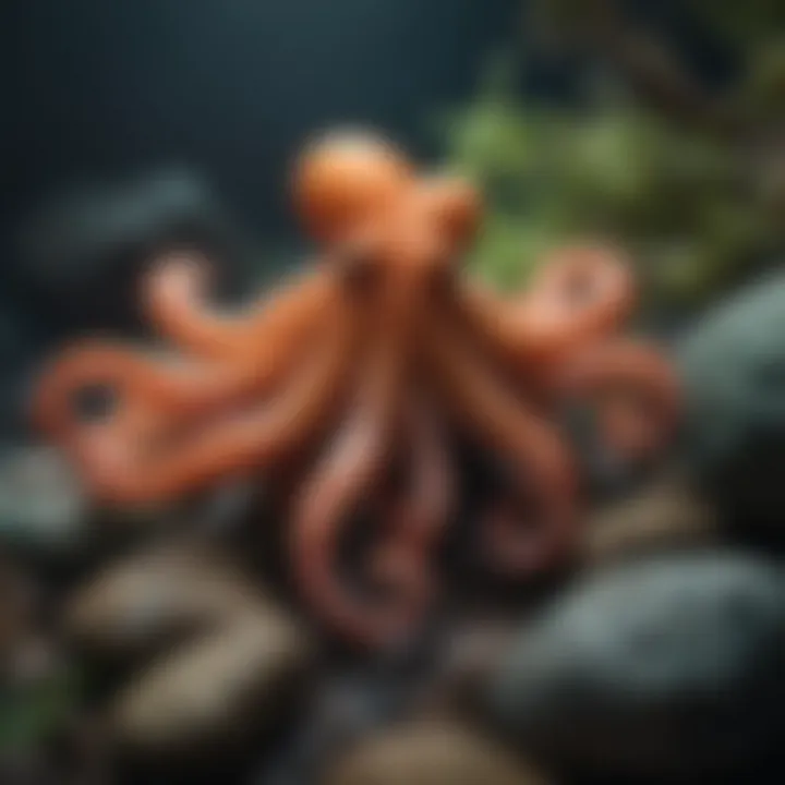 A colorful octopus camouflaged among rocks and corals.