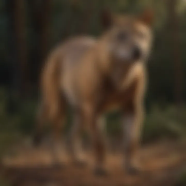 A vibrant image of the Thylacine, once believed to be extinct, caught in the wild.