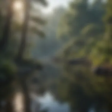 A serene freshwater lake inhabited by diverse wildlife