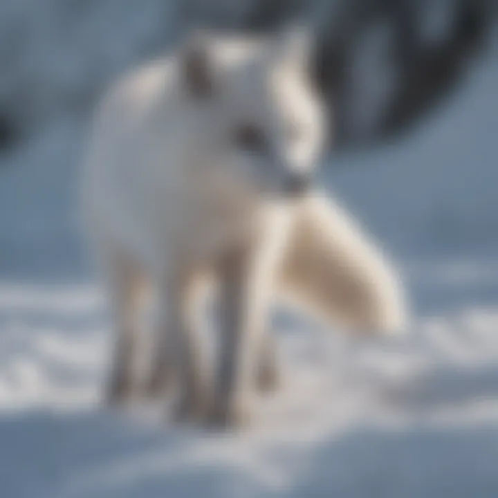 Arctic fox utilizing its tail for balance on ice
