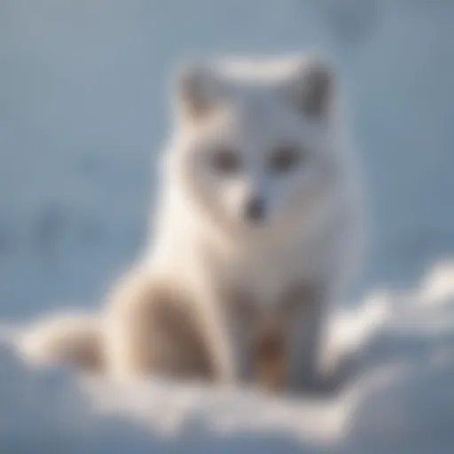 Arctic fox in snowy terrain showcasing its tail