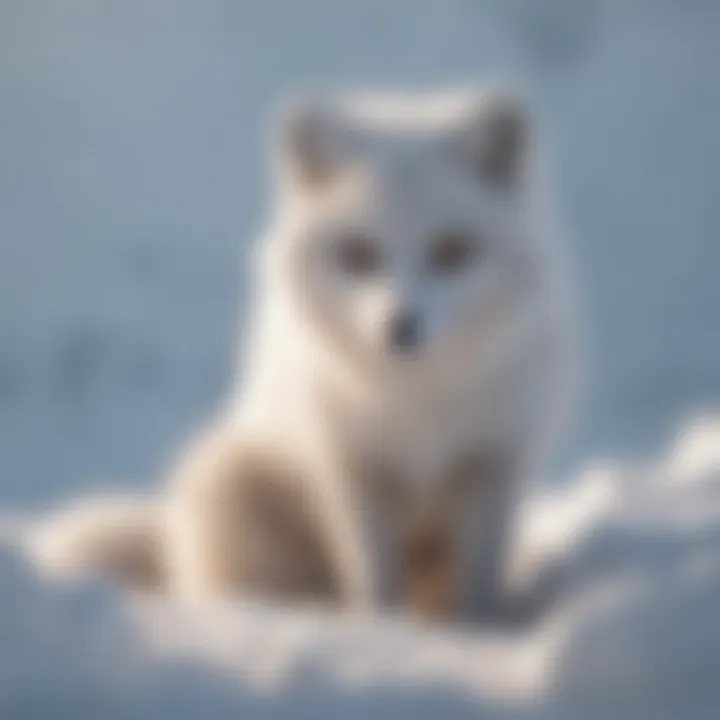 Arctic fox in snowy terrain showcasing its tail
