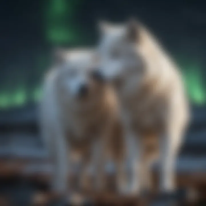 Arctic wolf pair engaging in intricate social bonding rituals under the Northern Lights