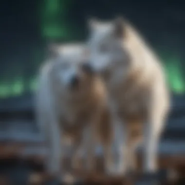 Social Rituals of Arctic Wolf Pairs Arctic wolf pair engaging in intricate social bonding rituals under the Northern Lights