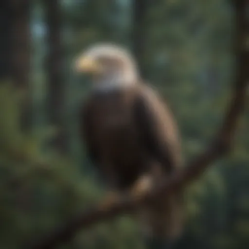 A young bald eagle fledgling perched on a branch