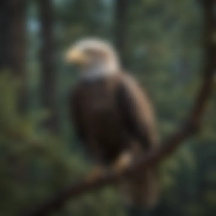 A young bald eagle fledgling perched on a branch