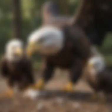 Bald eagle fledglings being fed by their parents