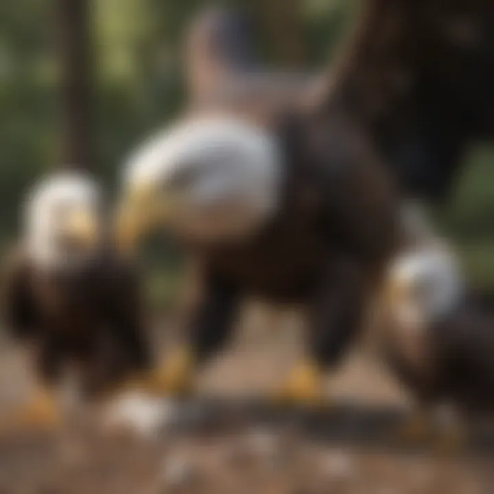 Bald eagle fledglings being fed by their parents