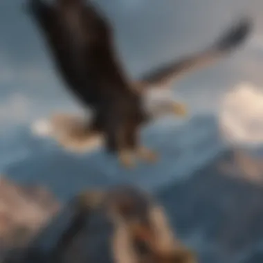 Bald eagle soaring high in the sky against a backdrop of mountainous terrain