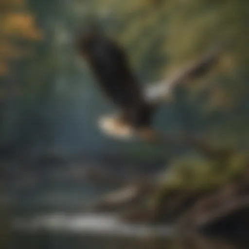 A bald eagle perched on a tree branch, scanning the water for fish.