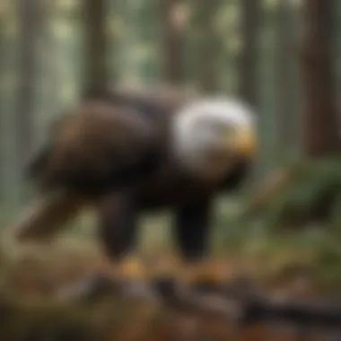 A bald eagle scavenging on a carcass in a forested area.