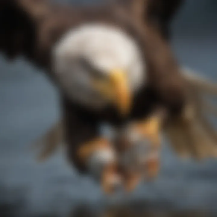 A close-up of a bald eagle's sharp talons grasping a fish.