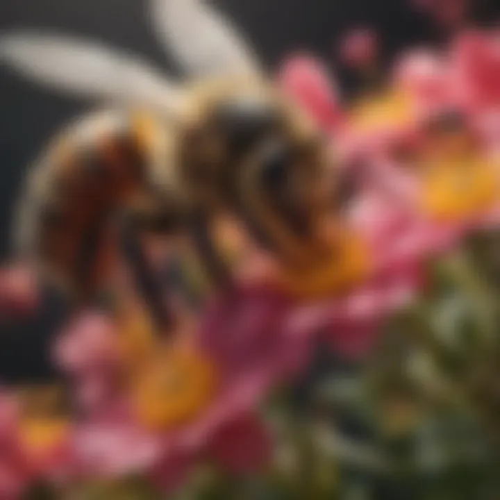 Artistic depiction of bees pollinating colorful flowers