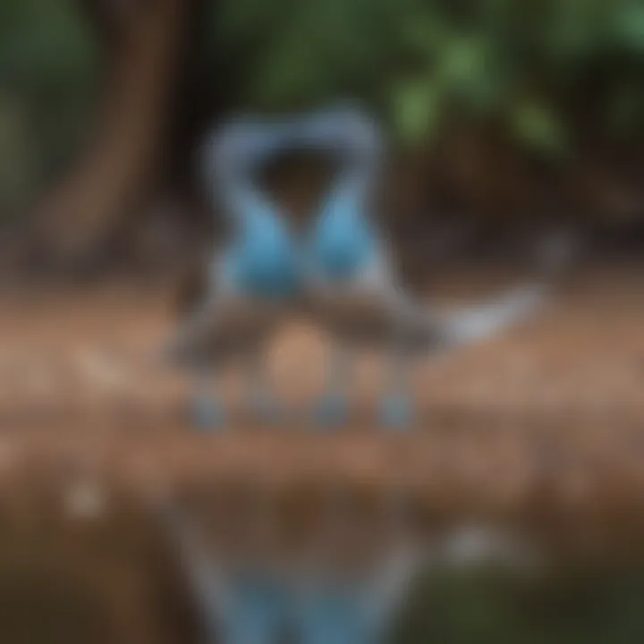 Blue-footed bird performing its distinctive courtship dance