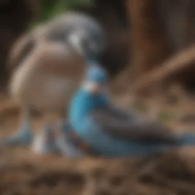 Blue-footed bird with its offspring in a nest