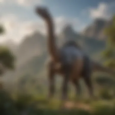 Brachiosaurus towering over a prehistoric landscape with its long neck reaching for leaves