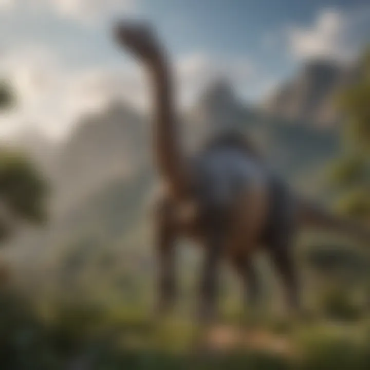 Brachiosaurus towering over a prehistoric landscape with its long neck reaching for leaves