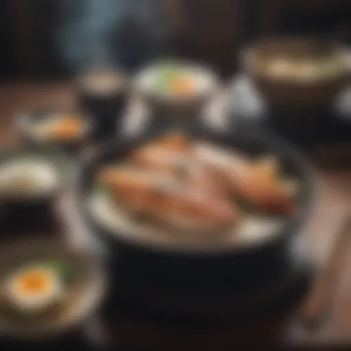 Traditional Japanese breakfast featuring grilled fish, rice, and miso soup