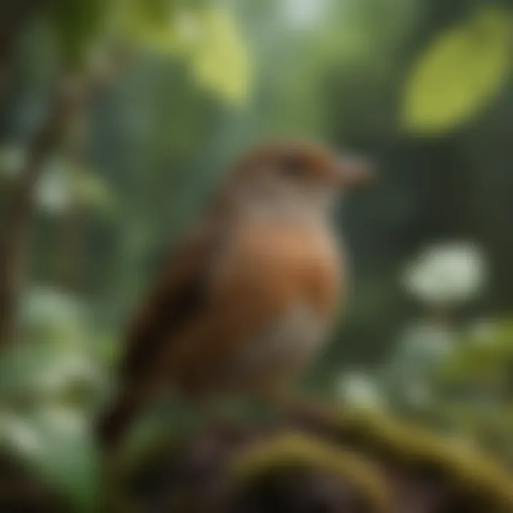 Brown Small Bird in its natural habitat with lush foliage