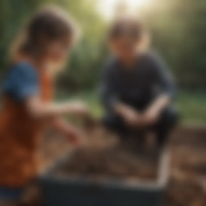 Children engaging with soil and adding organic waste to a composter