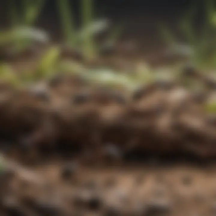 Close-up of a busy ant colony working together