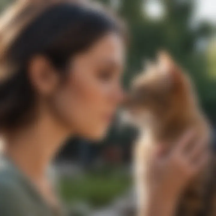 Cat owner observing feline behavior during outdoor walk