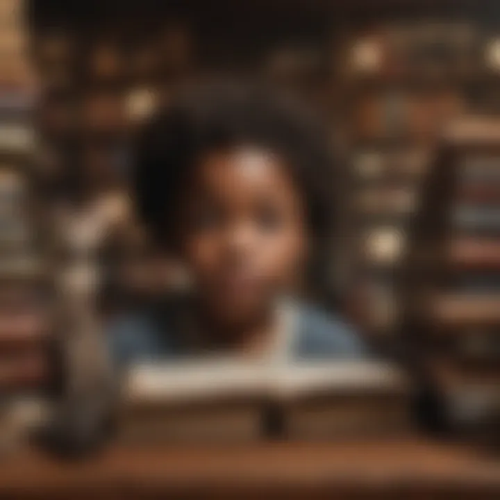 Children exploring a display of books and resources dedicated to Black history and culture.