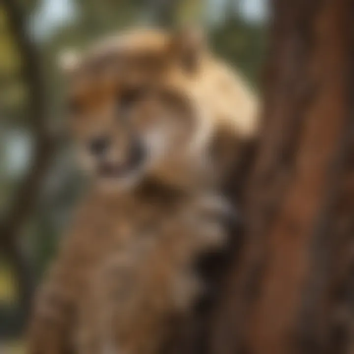 Close-up of cheetah's sharp claws gripping tree bark