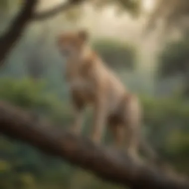 Cheetah perched on tree branch surveying lush forest below