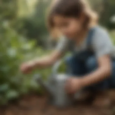 Caring for Nature Illustration of a child holding a watering can and nurturing a young plant