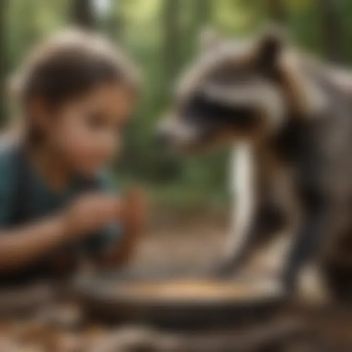 Child observing raccoon's feeding behavior