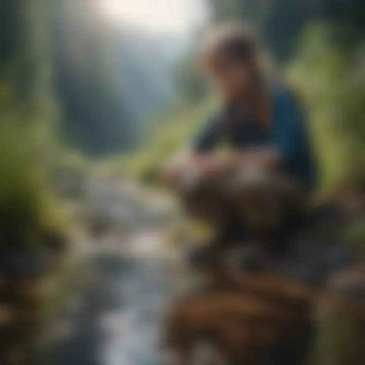 Child observing water filtration process in the wild