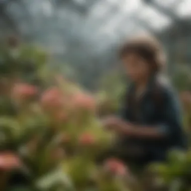 A group of children exploring a greenhouse filled with carnivorous plants.