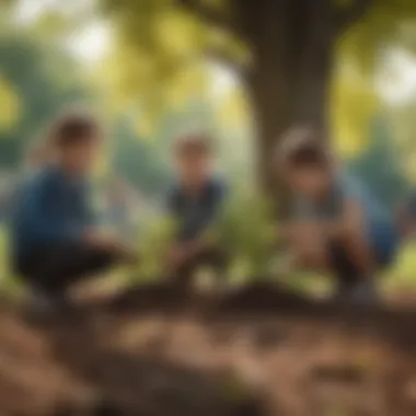 Illustration of diverse group of children planting trees in a park