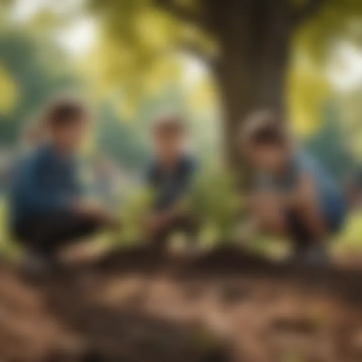 Illustration of diverse group of children planting trees in a park