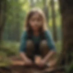 Young girl planting trees in a lush forest