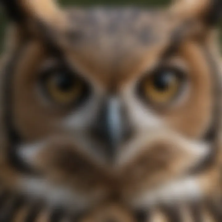 Close-up of a great horned owl's face showcasing its intense gaze
