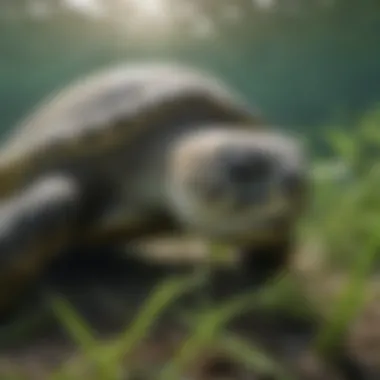 Close-up of Green Sea Turtle grazing on seagrass bed